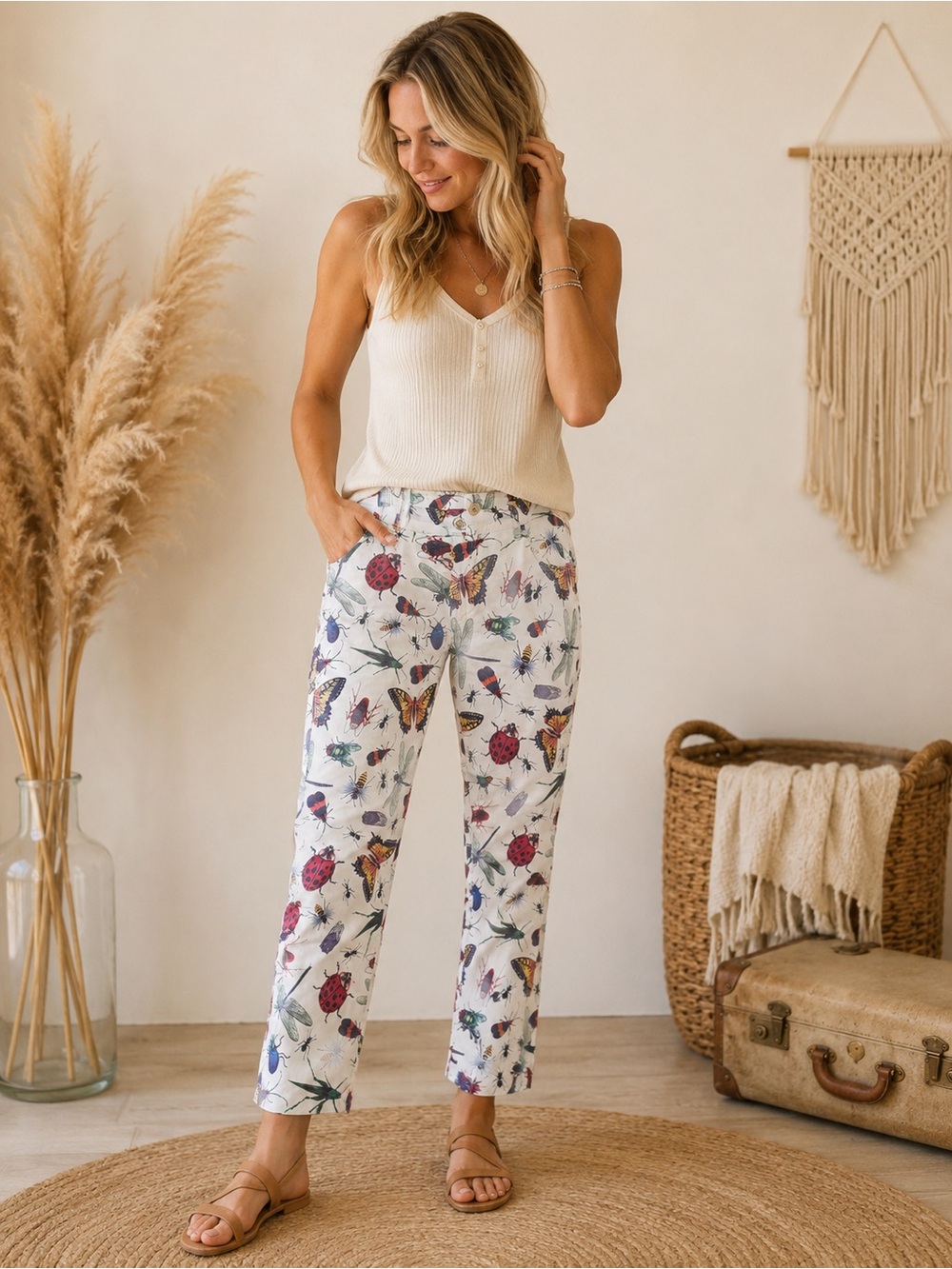 Butterfly & Insect Print Pants in White